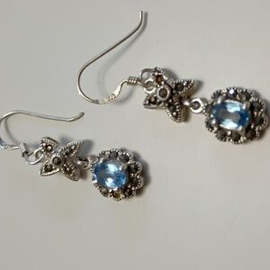 925 Blue Topaz Vintage Earrings 1" Dangle Marcasite Sterling Silver Jewelry